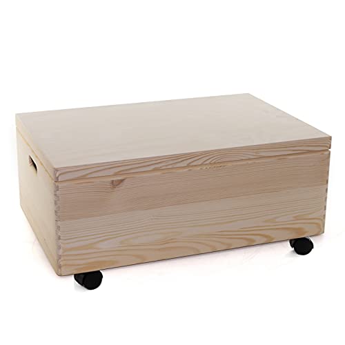 Holzfee Holzkiste 59 x 40 x 25 cm Kiste Holz Kiefer große Aufbewahrungsbox (mit Rollen)