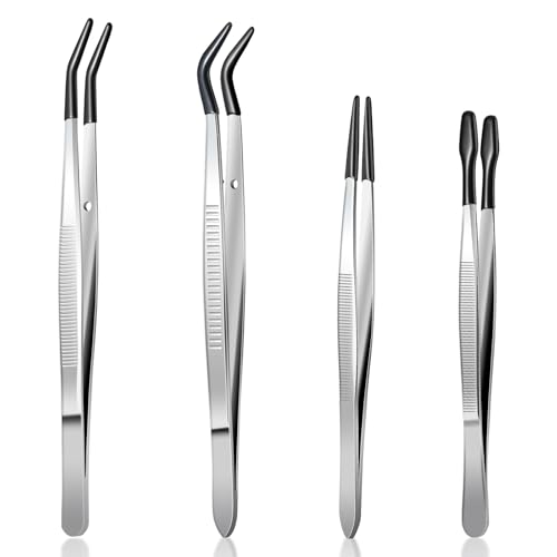 COMNICO Juego de pinzas antideslizantes de acero inoxidable, con puntas de goma y revestimiento de PVC, largas para sellos, calcomanías, joyas y cuentas