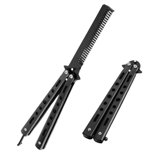 ZOKJSW Peine de Mariposa Plegable - Herramienta de Peinado Plegable para Entrenamiento de Hombres, Peine de Mariposa de Acero Inoxidable Portátil (Negro)