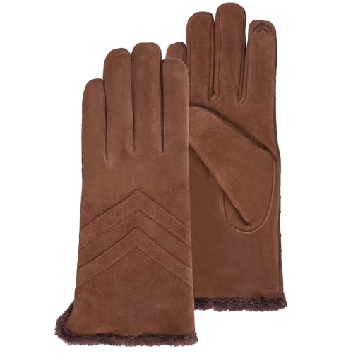 Isotoner Gants femme tactiles en cuir de chèvre velours - doublés micro fausse fourrure, 6.5=XS, cognac