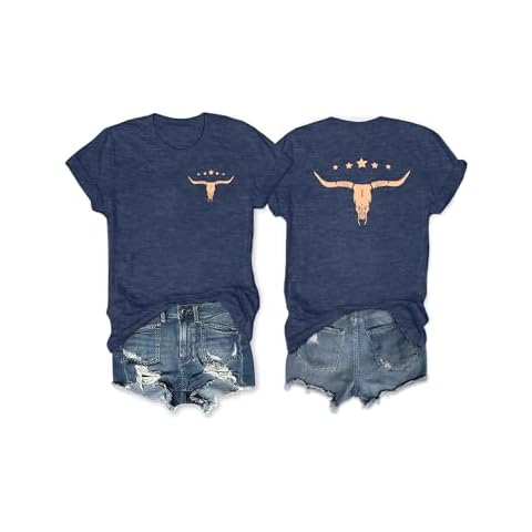 Anbech Women Cow Skull Print Tshirts Western Cowgirls Graphic Tees Short Sleeve Tops (Navy Blue, M) Cover