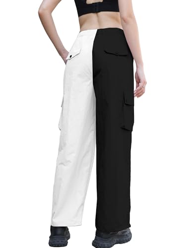 Image of Betusline Girls & Women's High Waist Wide Leg Cargo Pants Y2K Parachute Pants with Pockets and Drawstring 6 Years-Women 2XL