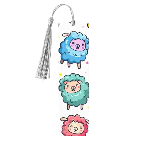 かわいいカラフルな羊の漫画のパターンプリント読書ページマーカーブックマーク、タッセル付き木製ブックマーク5個、本好きへのギフト。