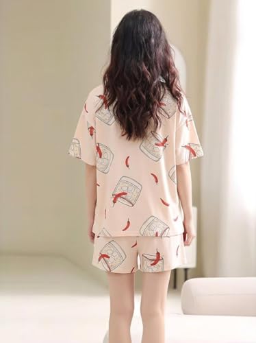 Image of Korean Night Dress |Shorts Set |Round Neck Half Sleeve Nightsuit |Premium Cotton Blend Stylish Digital Printed Pajama Co-ords |Matching 2 Piece Sleepwear Nightwear Cute Pjs |Casual Lounge Sets