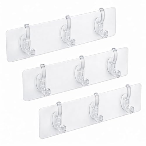 Image of Self Adhesive Hooks for Wall Heavy Duty - 10kg Load Capacity Waterproof Transparent Wall Hooks for Hanging - No Drilling Nail (ProHold Hoo (3 Hook Strip Pack of 3)