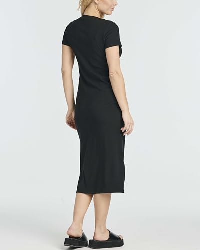 Real Essentials 3 Pack: Women's Ribbed Jersey Crew Neck Short Sleeve Midi Length Dress with Side Slit4