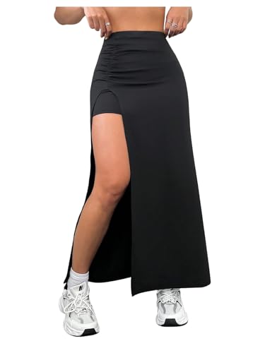 SOLY HUX Women's High Waisted Split Skirt Ruched Bodycon Casual Going Out Long Skirts