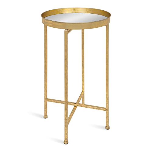 Image of Kate and Laurel Celia Round Metal Foldable Accent Table with Mirror Tray Top, Gold