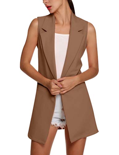 Yeokou Women's Slim Long Suit Vest Wasitcoat Sleeveless Blazer Jacket Cardigans (XX-Large, Khaki)