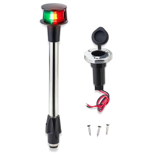 Pactrade Marine LED Bow Light Red Green Navigation Lights for Boats - Removable 12 Inch Pole with Quick Release Base - Waterproof Bi-Color Boat Lights for Kayak Pontoon Small Vessels (1 NM)