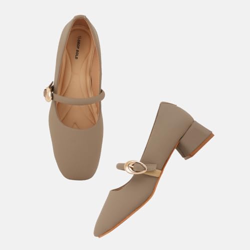 Image of DROP BOLD Khaki Square Toe Mary Jane Block Heel Show For Women & Girls