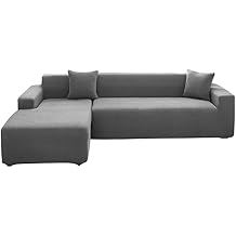 OKYUK L-Shape Sectional Couch Slipcover, 2 Pcs 3+3 Seats Jacquard High Stretch Sofa Covers + 2 Free Pillow Covers, Elastic L-Type Furniture Protector for Living Room Kids PetsJacquard, Light Grey