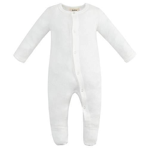 Owlivia Unisex-Baby Organic Button Cotton Sleep N Play Pajamas, Long Sleeve Footed Overall, Boys Girls Sleeper (Newborn, Off-White)