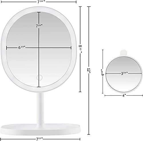 Image of OVENTE Lighted Makeup Mirror with Magnification, Rechargeable 8.5'' Vanity Table Top with Storage Tray, Dimmable Round LED, 10X Mini Magnetic Mirror, Compact for Travel, USB Powered, White MOT22W