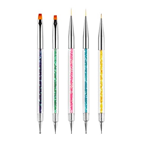 Rnitle Nail Art Brushes[5 Pieces],Double Ended Nail Art Dotting Tool Set,Manicure Drill Drawing Nails Brush Pen,Dotting Drawing Painting Tools Liner Design Nail Art with Glitter Handle Cover