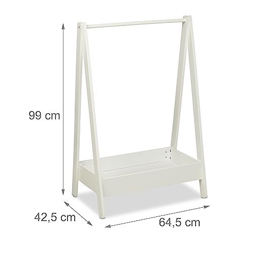 Relaxdays Kleiderständer Kinder, HxBxT 99 x 64,5 x 42,5 cm, Kleiderstange mit Ablage, Kinderzimmer, Standgarderobe, weiß, 1 Stück