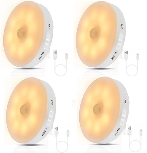 Image of Plastic USB Rechargeable Motion Sensor Night Yellow Light with Self-Adhesive Design for Home Use Ideal for Hallways, Wardrobes, Bedrooms, Stairs, Bathrooms, Kitchens & Basements Pack of 4, Led