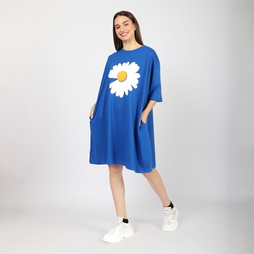 Image of LAMA STORE Women's Printed Oversized T-Shirt Dress, Cotton, 3 /4 Sleeve Length, Casual Loose Fit, Comfort Wear Extra Comfy Oversized Printed Pocket T-Shirt Dress