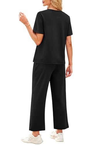 Image of WIHOLL 2 Piece Sets for Women Casual Summer Travel Vacation Outfits Short Sleeve Wide Leg Crop Pants Lounge Sets