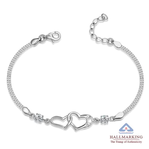 Image of TRUESILVER ACPL 925 Sterling Silver Bracelet for Women & Girls | BIS Hallmarked Cubic Zirconia Mother of Pearl Heart & Circle Bracelets Gift for Wedding Anniversary Birthday