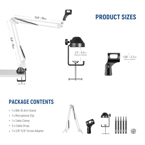 Image of NEEWER Suspension Boom Arm Scissor Mic Stand, Microphone Arm Desk Stand with 3 /8 inch to 5 /8 inch Screw, Cable Ties Compatible with Blue Yeti Snowball Yeti X Quadcast, Max Load 3.3lb /1.5kg, NW-35, White