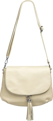 Caspar Klassisch Elegante Damen Umhängetasche aus Leder Messenger Bag - CLASSIC LINE - Modell No.810 - Made in Italy, Farbe:beige, Größe:One Size