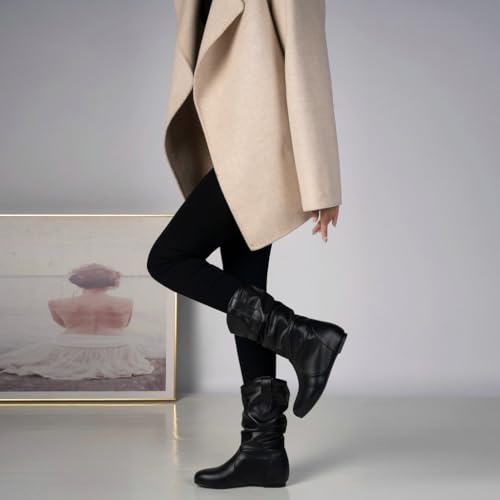 DINTAHA Womens Slouch Flat Boots Mid Calf Flat Boots Low Heel Fall Slouchy Cowgirl Boots4