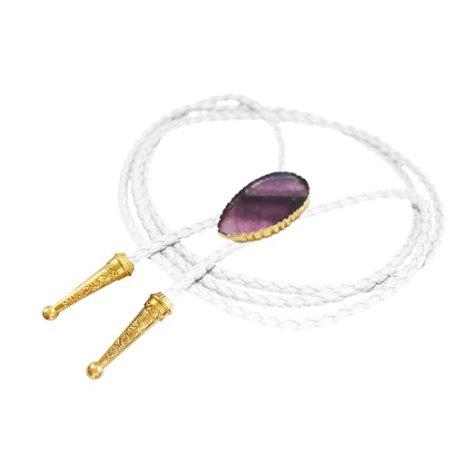Image of Daisy Del Sol Gemstone Bolo Tie Braided Vegan Faux Leather Natural Stone Gold Handmade Necklace Adjustable Boho Western Jewelry