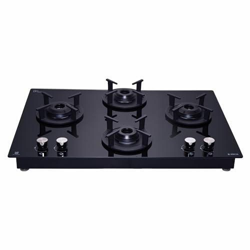 Image of Elica 60cm 4 Burner Auto Ignition Hob | RG FLEXI 460 LOTUS IND HD BRASS | SABAF Brass Burners | Built-in & Freestanding | Toughened Black Glass | 10-Year Burner & 5-Year Glass Warranty