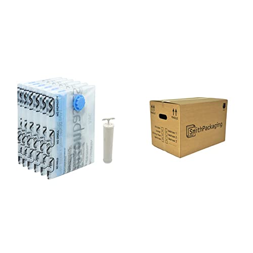 Amazon Basics Vacuum Compression Storage Bags with Airtight Valve and Hand Pump - Jumbo, 6-Pack & SmithPackaging 10 Large Strong Cardboard Packing Moving House Boxes 51cm x 29cm x 29cm