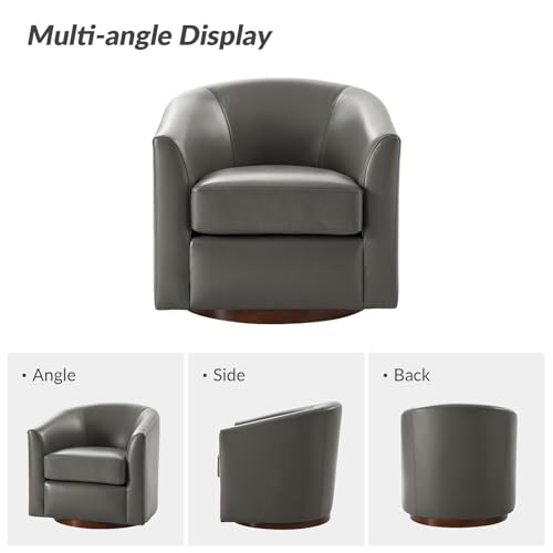 Image of HULALA HOME Genuine Leather Swivel Barrel Chairs Set of 2, Round Swivel Accent Chairs with Solid Wood Base, Leather Barrel Accent Chair for Living Room, No Assembly Required, Grey