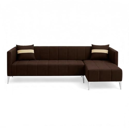 Image of Solomon Luxe Velvet-Suede Fabric 5 Seater RHS L Shape Sofa | Comfortable & Spacious Seating | Modern Sofa for Living Room - Dark Brown