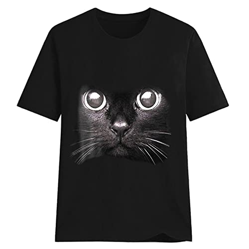 Harajuku Style Y2K T Shirt, Womens Cat Face Graphic Tops Loose Crewneck Short Sleeve Shirt Cute Cartoon Tunic For Teen Girls #TOP3