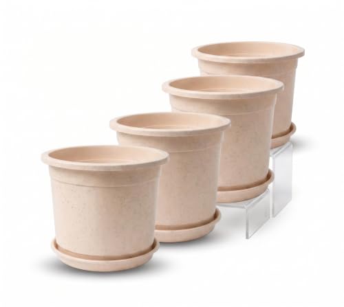 Image of 12 Inch Glossy Plastic Planter with Bottom Plate | Heavy Duty Flower Pot with Tray for Indoor Home Decor, Balcony, Living Room & Outdoor Garden (4 Pot, Blush Pink Sparkle)