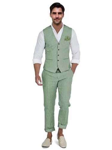 Men's Linen Suit 2 Piece Casual Summer Wedding Groomsmen Slim Fit Vest Pant Shirt Tuxedos Summer Beach Prom