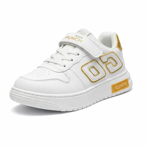 Image of HOOH Kids Unisex White Sneakers with Hook and Loop Closure, Embellished Pattern, Fashion Comfort Shoes