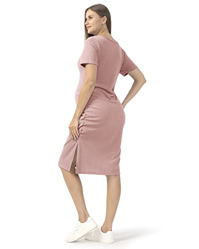 Rnxrbb Short Sleeve Summer Maternity Dress Bodycon Ribbed Knit Casual Midi Work Fitted Pregnancy Tshirt Dresses Clothes,Lotus Pink-L #TOP2