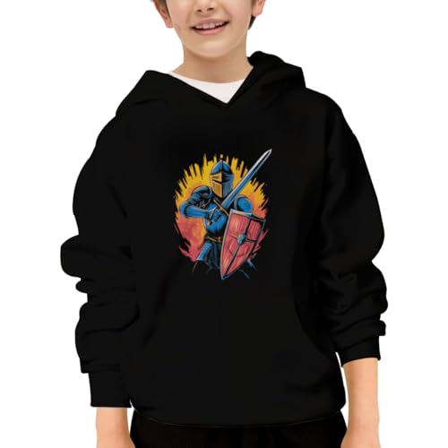 Vintage Medieval Knight Armor Sword Shield Hoodies for Teen Girls Boys Lightweight Kangaroo Pocket Sweatshirt
