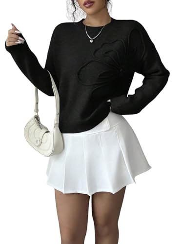 Image of Verdusa Women's Spring 3D Flower Appliques Crewneck Sweaters Long Sleeve Drop Shoulder Pullovers Knit Going Out Tops