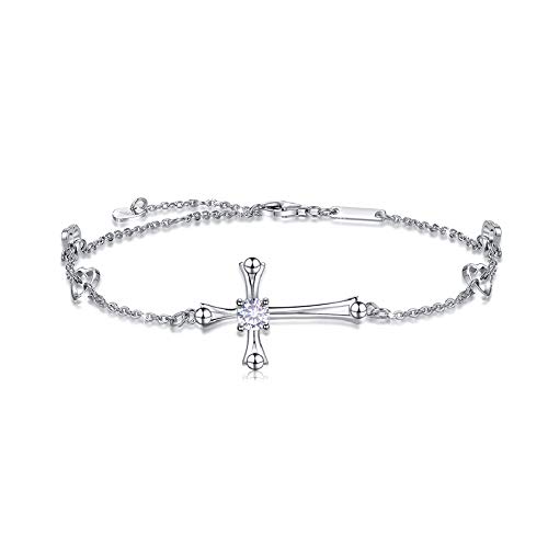 Cross Ankle Bracelet For Women, 925 Sterling Silver Charm Adjustable Foot Anklet, Large Cross Bracelet (One Cubic Zirconia Diamond Cross) #TOP29