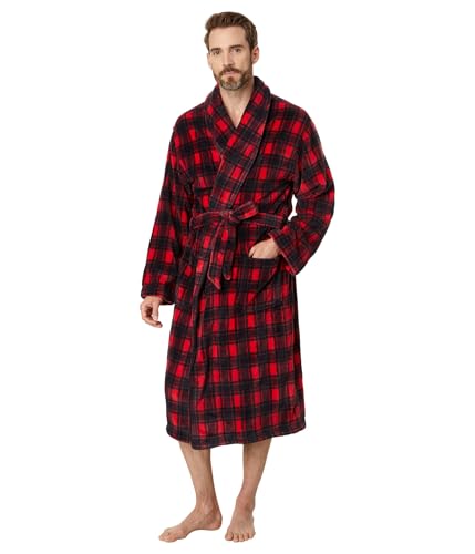 POLO RALPH LAUREN mens Microfiber Plush Long Sleeve Shawl Collar Robe, Holiday Check Plaid, S-M