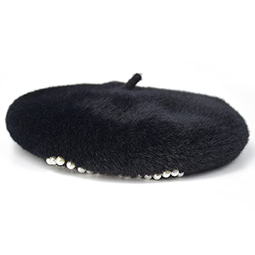 Womens Black Beret Hat, Winter Classic French Beret With Pearls Bow For Ladys #TOP4