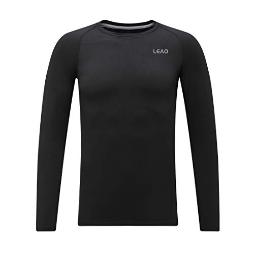 LEAO Youth Boys Long Sleeve Compression Shirts Fleece Lined Thermal Shirts ColdGear Winter Baselayers Black XL
