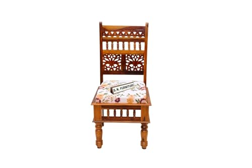Image of BN Furniture Solid Sheesham Wood 4 Seater Dining Table Set | 34x34 Inch Square Table | Honey Finish Wooden Dining Set with Floral Cushioned Chairs for Home & Apartment