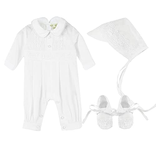Bow Dream 3 pcs Baby Boy's Christening Baptism Outfits Long Sleeve Romper with Hat and Shoes Long Sleeve White 6-12 Months