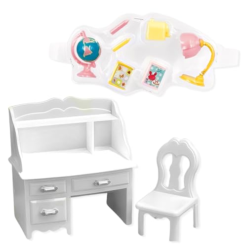 Accessoires Maison de Poupee, Maison Miniature, Meuble Maison Poupee, Set de Meubles Miniature pour Chambre d'Enfant, Meubles en Miniature, Bureau de Maison de Poupée, Bureau, Chaise, Livres, Lampe