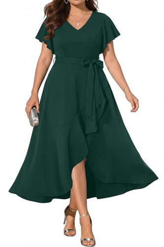 Image of Women Plus Size Wedding Guest Dress - Formal Cocktail Split Ruffle V Neck High Low Party Long Maxi Dresses