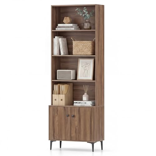 Tall walnut-toned bookcase with four open shelves above a two-door cabinet on metal legs — the closed base shows the hidden storage no other pick offers.