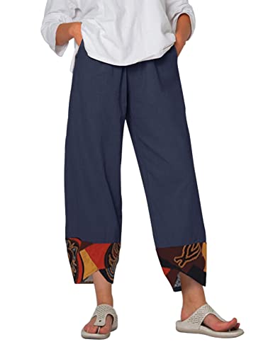 Heekpek Pantalón de Algodón y Lino Mujer Casual Recto 9/10 Largo Ligero Para Verano, Azul Marino