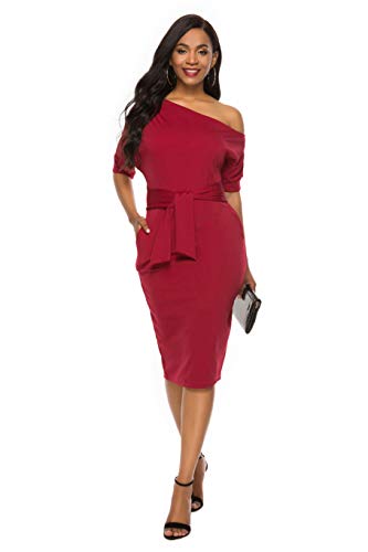 Image of Nature Comfy Elegant Womens Wear to Work One Shoulder Belted Pencil Dress